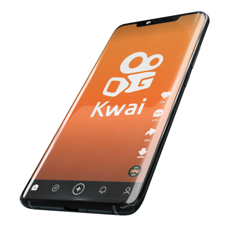 Mockup em 3D de smartphone com aplicativo do Kwai em exibição