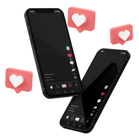 Ilustração em 3D de smartphones com corações de curtida