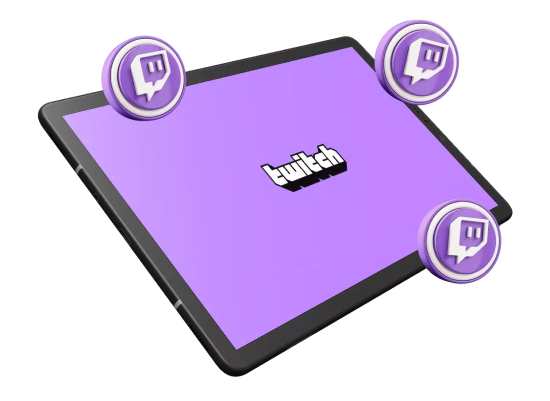 Mockup simples em 3D de tablet exibindo a logo da Twitch
